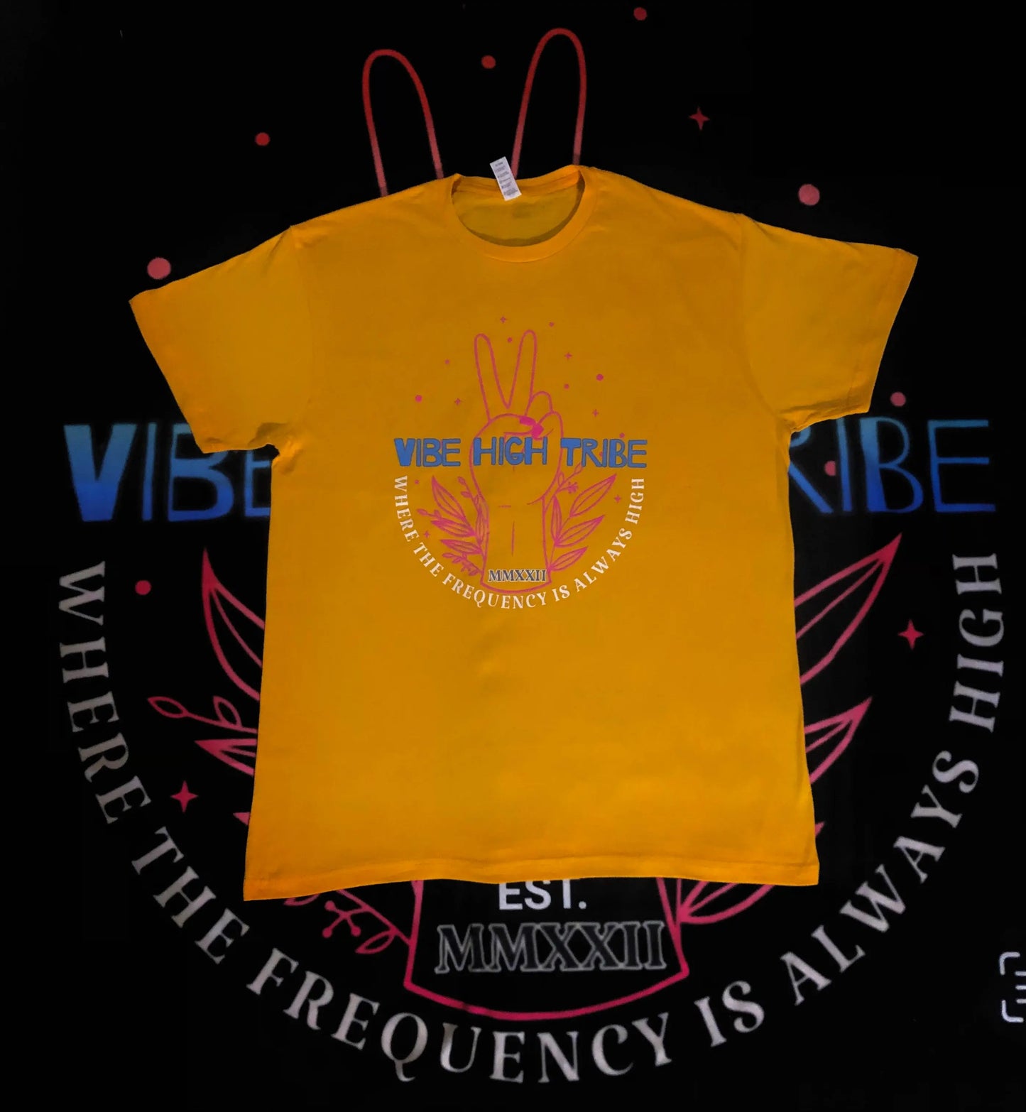 Vibe High T-Shirt Keep your frequency high by wearing Vibe High Tribe apparel unisex everyday wear T-shirts.